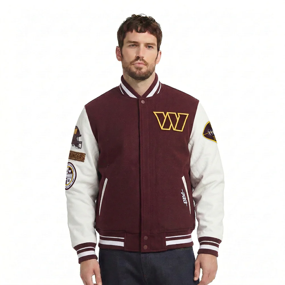 NFL WASHINGTON COMMANDERS OLD ENGLISH MEN'S RIB WOOL VARSITY JACKET (WINE/WHITE)