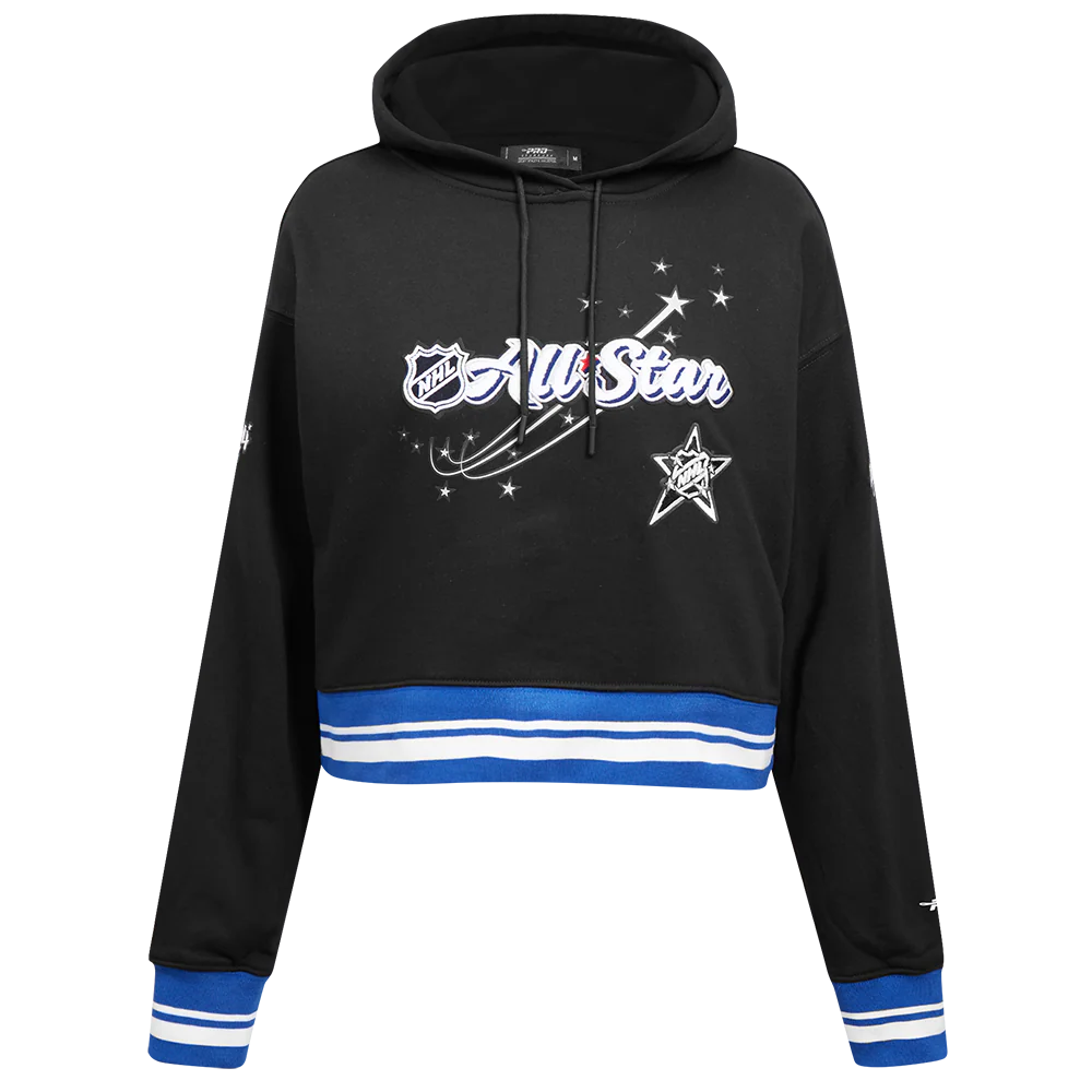 NHL ALL TEAMS NHL ALL STAR 2024 WOMEN'S RIB FLEECE CROPPED PULLOVER HOODIE (BLACK/DODGER BLUE)