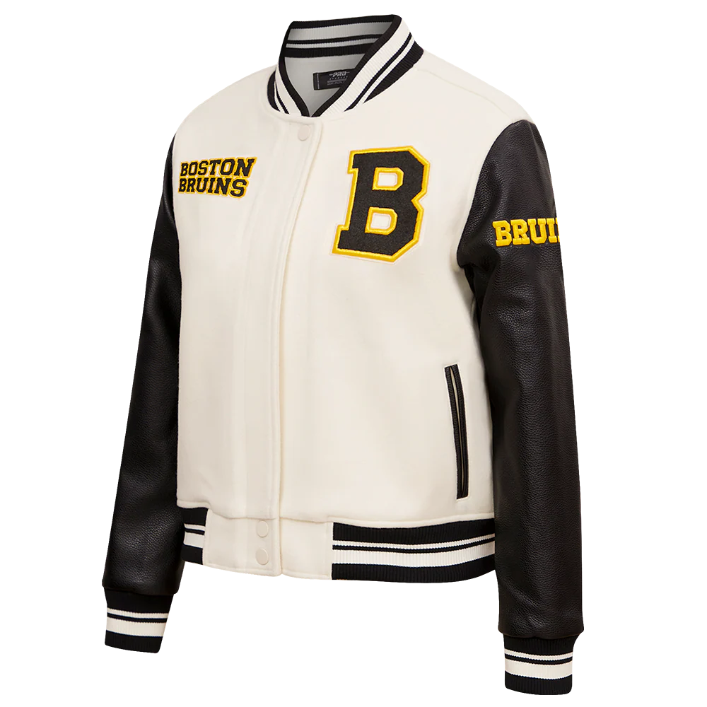 NHL BOSTON BRUINS RETRO CLASSIC WOMEN'S RIB WOOL VARSITY JACKET (EGGSHELL/ BLACK) - Image 4