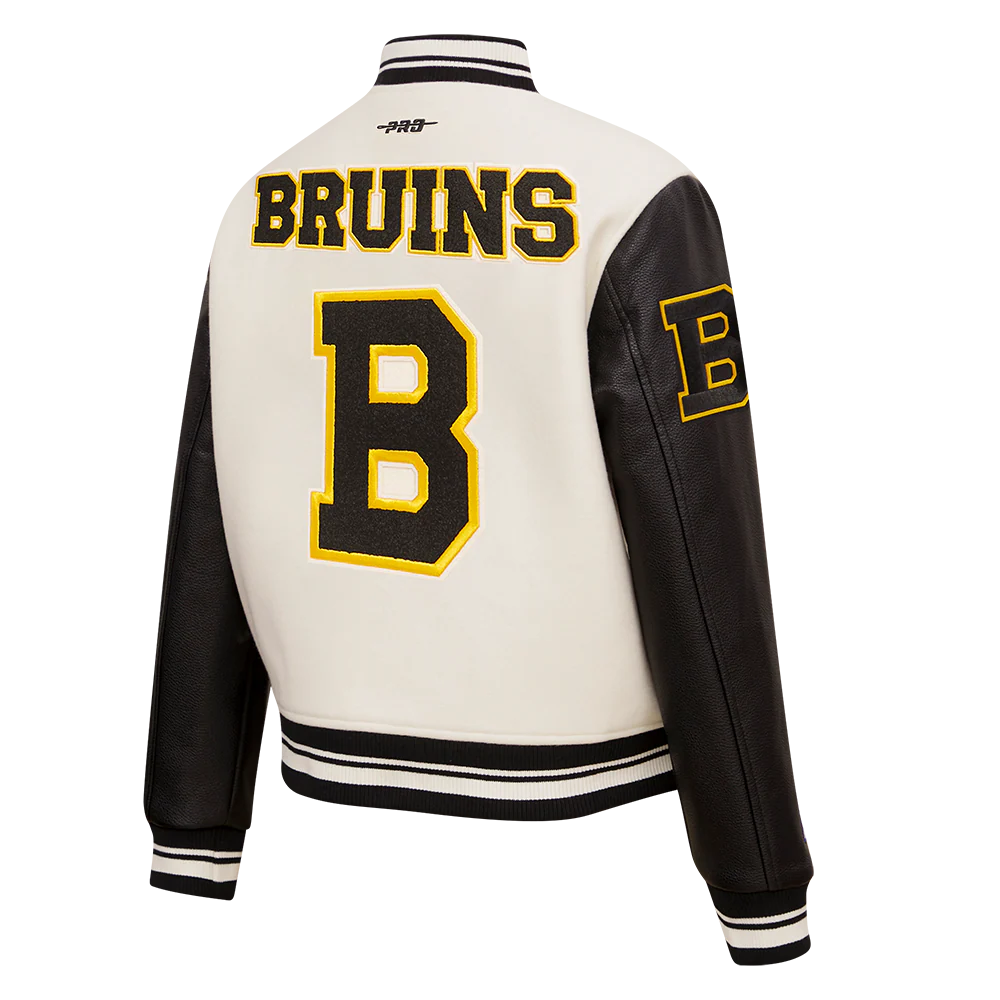 NHL BOSTON BRUINS RETRO CLASSIC WOMEN'S RIB WOOL VARSITY JACKET (EGGSHELL/ BLACK) - Image 6