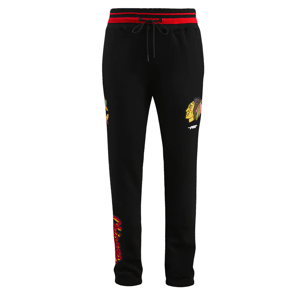 NHL CHICAGO BLACKHAWKS SCRIPT TAIL MEN'S RIB FLEECE SWEATPANT (BLACK/RED/BLACK) - Image 2