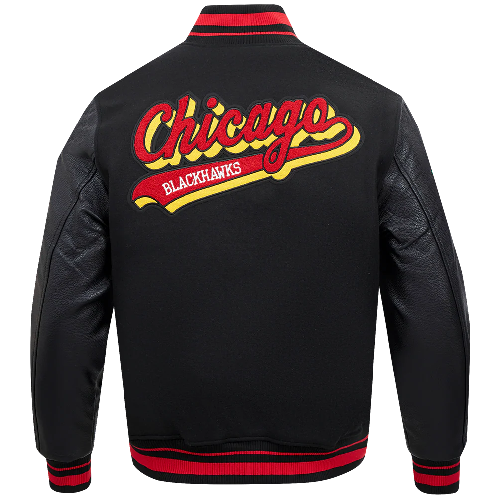 NHL CHICAGO BLACKHAWKS SCRIPT TAIL MEN'S RIB WOOL VARSITY JACKET (BLACK/RED/BLACK) - Image 4