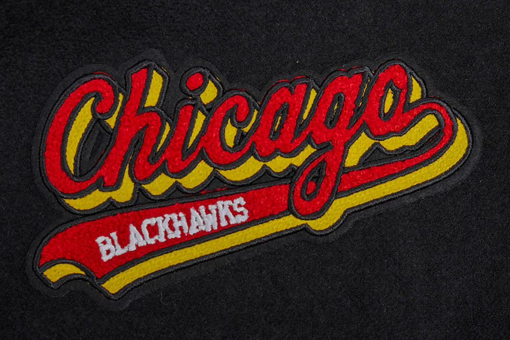 NHL CHICAGO BLACKHAWKS SCRIPT TAIL MEN'S RIB WOOL VARSITY JACKET (BLACK/RED/BLACK) - Image 6