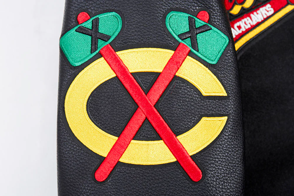 NHL CHICAGO BLACKHAWKS SCRIPT TAIL MEN'S RIB WOOL VARSITY JACKET (BLACK/RED/BLACK) - Image 7