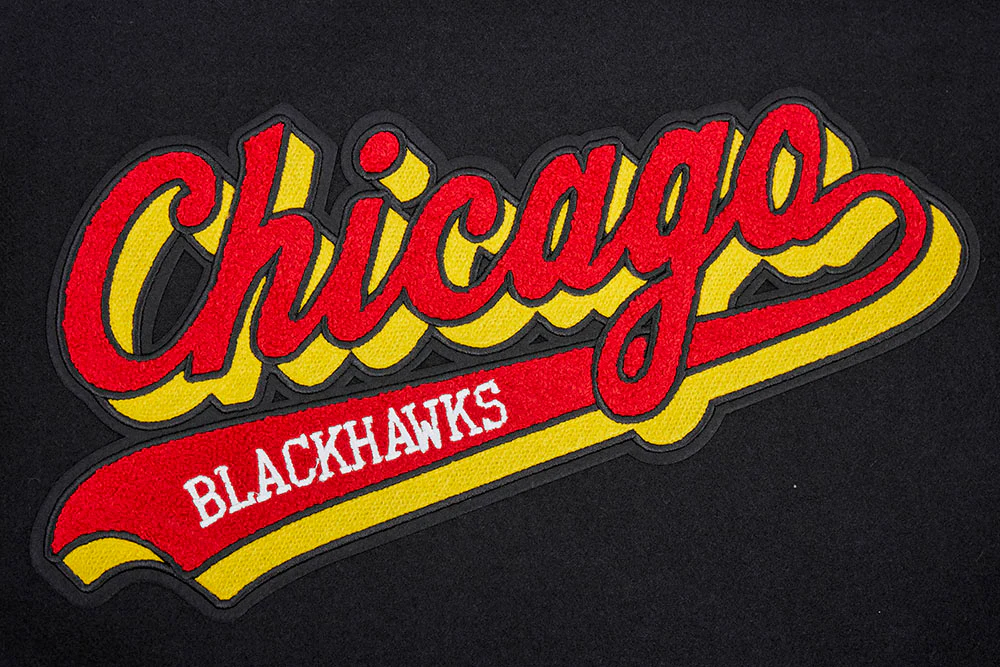 NHL CHICAGO BLACKHAWKS SCRIPT TAIL MEN'S RIB WOOL VARSITY JACKET (BLACK/RED/BLACK) - Image 8