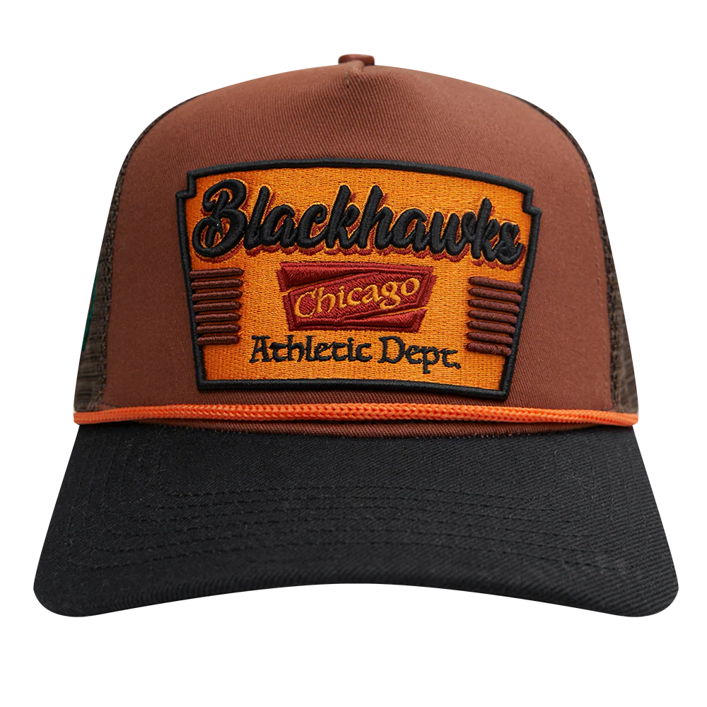 NHL CHICAGO BLACKHAWKS INSIGNIA WOOL 2 TONE PINCH FRONT TRUCKER (RUST/BLACK)