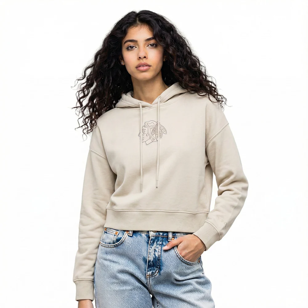 NHL CHICAGO BLACKHAWKS NEUTRAL WOMEN'S CROPPED PULLOVER HOODIE (TAUPE)