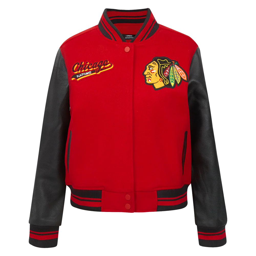 NHL CHICAGO BLACKHAWKS SCRIPT TAIL WOMEN'S WOOL VARSITY JACKET (RED/BLACK)
