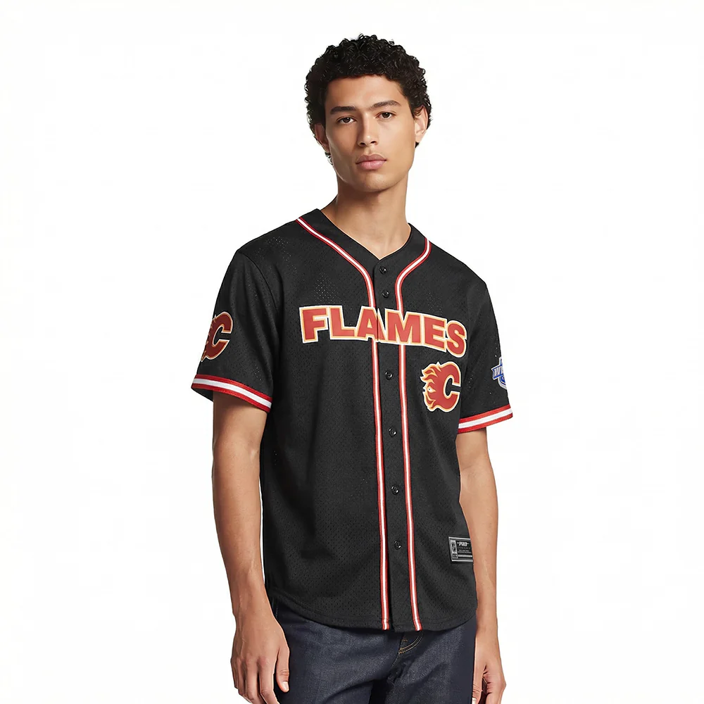 NHL CALGARY FLAMES CLASSIC MESH MEN'S BUTTON DOWN SHIRT (BLACK/RED)