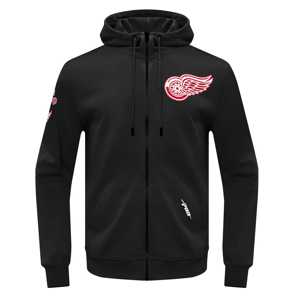 NHL DETROIT RED WINGS CLASSIC CHENILLE MEN'S FULL ZIP PULLOVER HOODIE (BLACK)