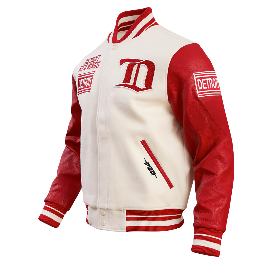 NHL DETROIT RED WINGS RETRO CLASSIC MEN'S RIB WOOL VARSITY JACKET (EGGSHELL/ RED) - Image 11