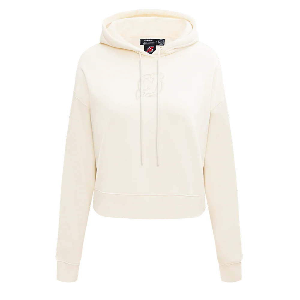 NHL NEW JERSEY DEVILS NEUTRAL WOMEN'S CROPPED PULLOVER HOODIE (EGGSHELL)