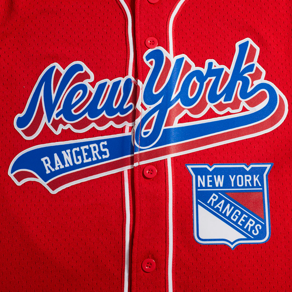 NHL NEW YORK RANGERS SCRIPT TAIL MEN'S MESH BUTTON DOWN SHIRT (RED) - Image 5