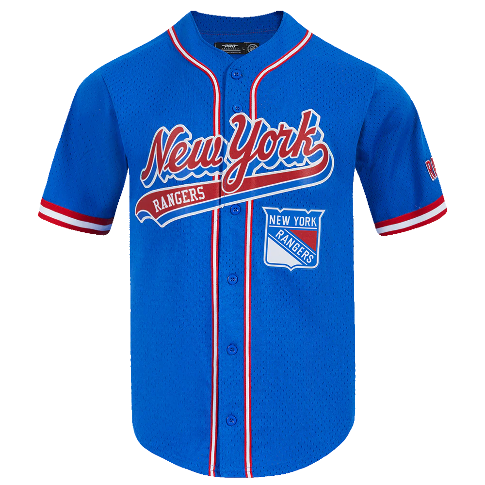 NHL NEW YORK RANGERS SCRIPT TAIL MEN'S MESH BUTTON DOWN SHIRT (ROYAL BLUE/RED)