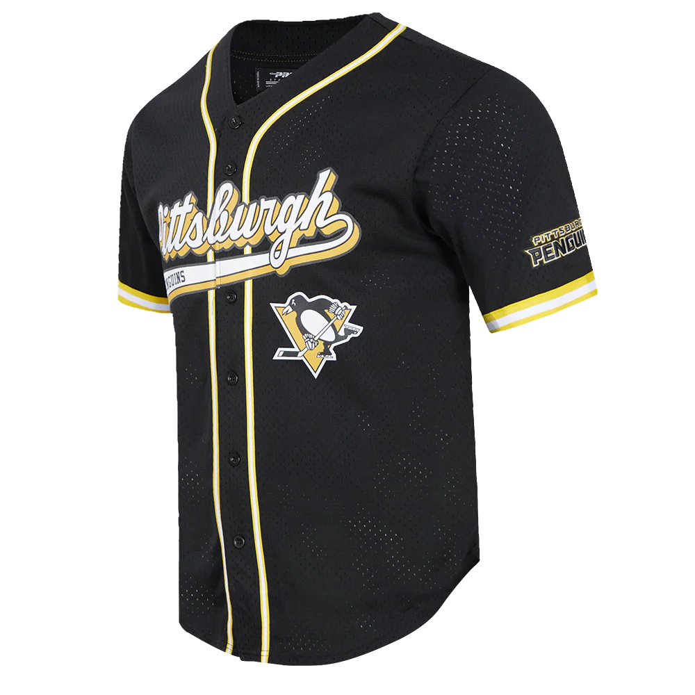 NHL PITTSBURGH PENGUINS SCRIPT TAIL MEN'S MESH BUTTON DOWN SHIRT (BLACK/YELLOW) - Image 2