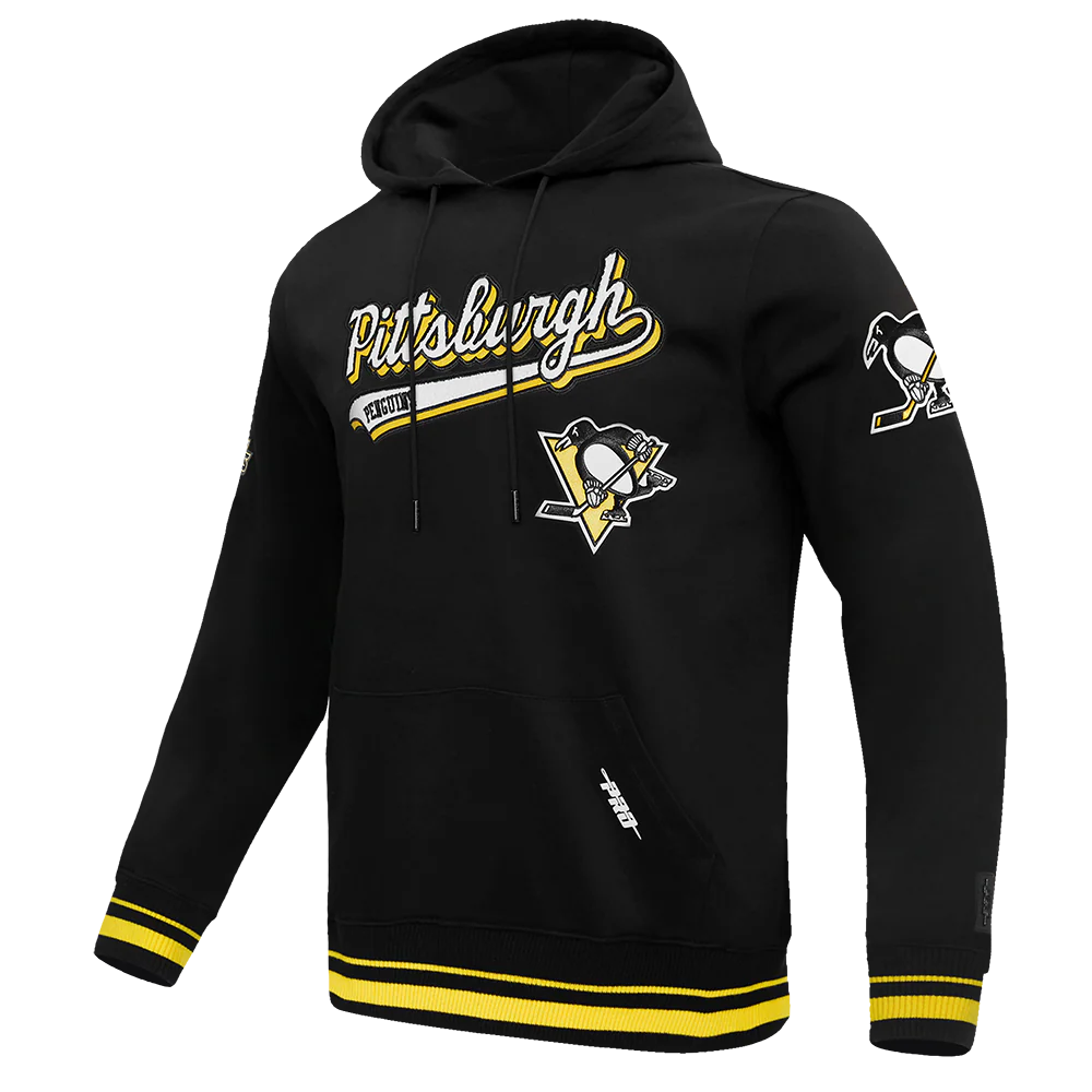 NHL PITTSBURGH PENGUINS SCRIPT TAIL MEN'S RIB FLEECE PULLOVER HOODIE (BLACK/YELLOW) - Image 2