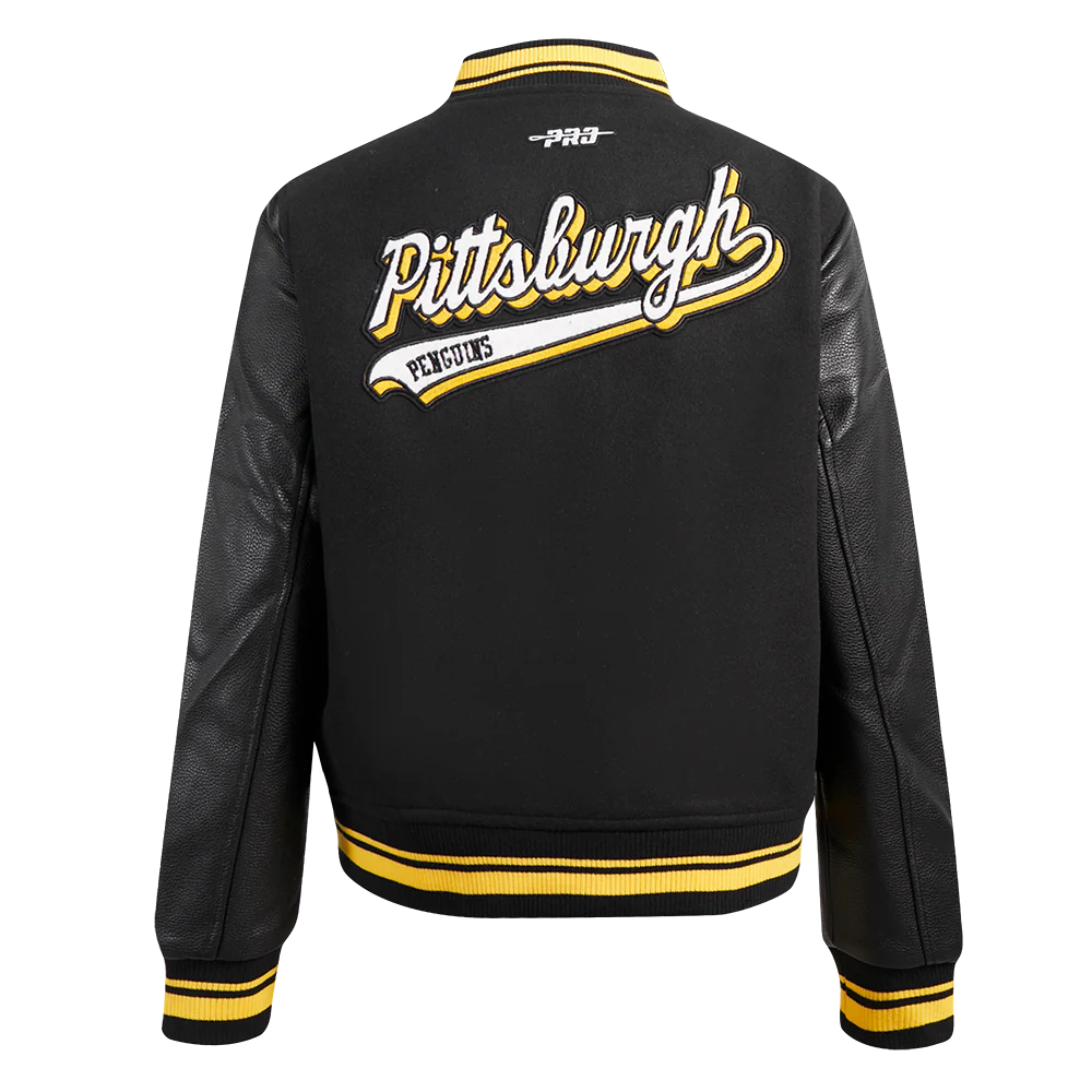 NHL PITTSBURGH PENGUINS SCRIPT TAIL WOMEN'S WOOL VARSITY JACKET (BLACK/YELLOW) - Image 3