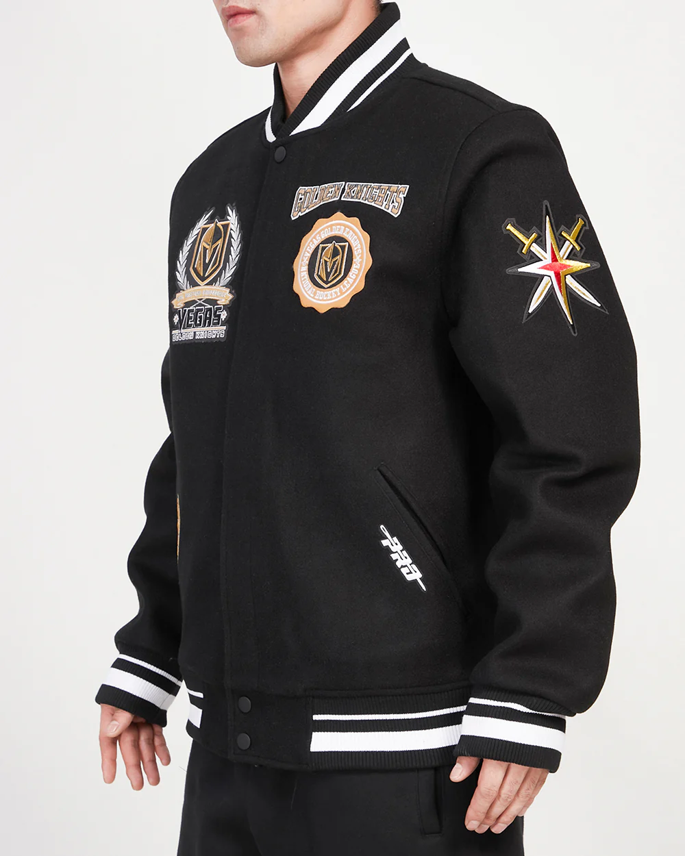 NHL VEGAS GOLDEN KNIGHTS CREST EMBLEM MEN'S WOOL VARSITY JACKET (BLACK) - Image 4