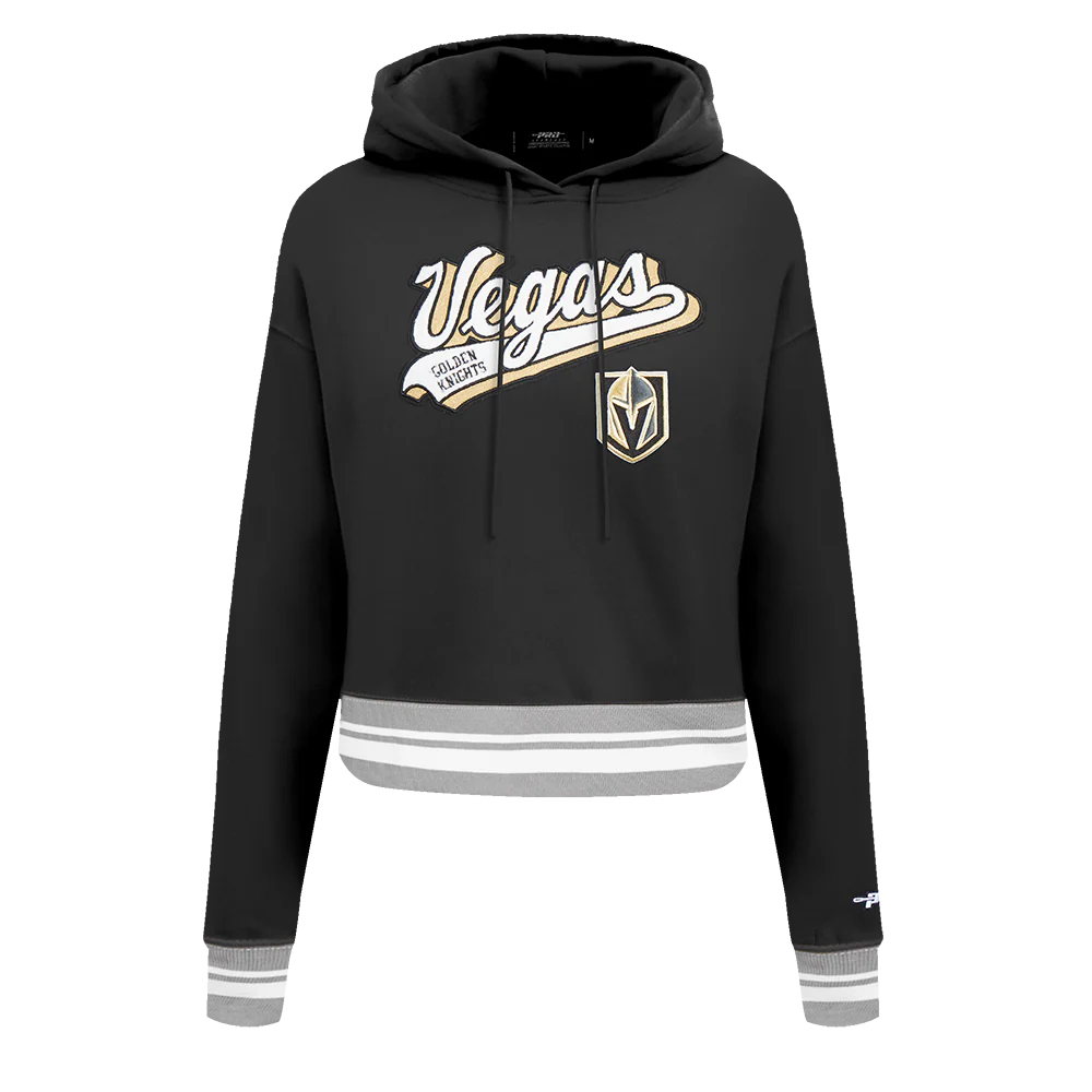 NHL VEGAS GOLDEN KNIGHTS SCRIPT TAIL WOMEN'S RIB FLEECE CROPPED PULLOVER HOODIE (BLACK/GRAY)
