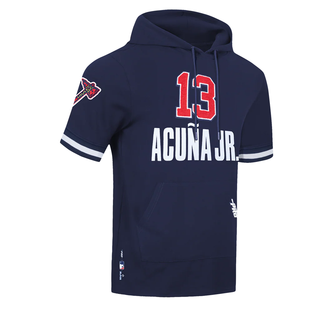 MLB ATLANTA BRAVES RONALD ACUNA JR. #13 CLASSIC MEN'S SHORT SLEEVE PULLOVER HOODIE (MIDNIGHT NAVY) - Image 3