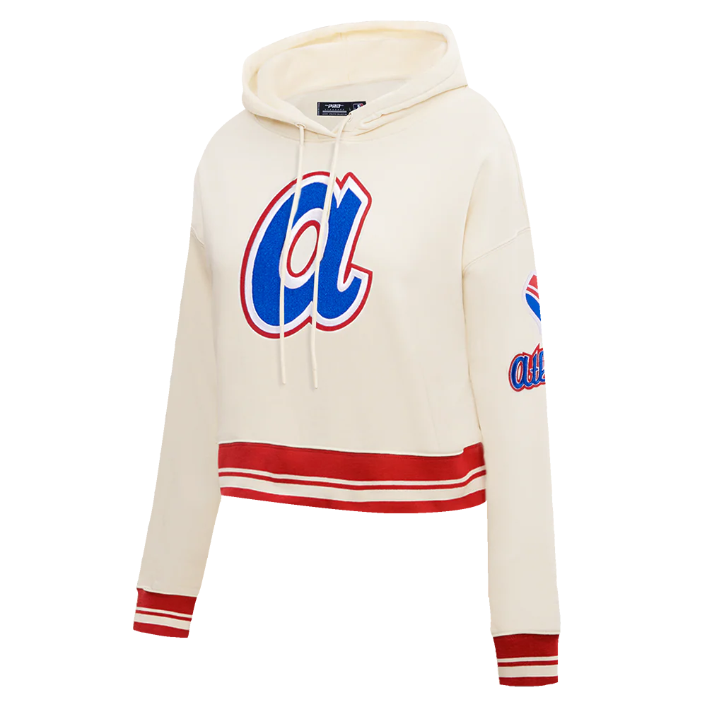 MLB ATLANTA BRAVES RETRO CLASSIC WOMEN'S RIB CROPPED PULLOVER HOODIE (EGGSHELL/ RED) - Image 2