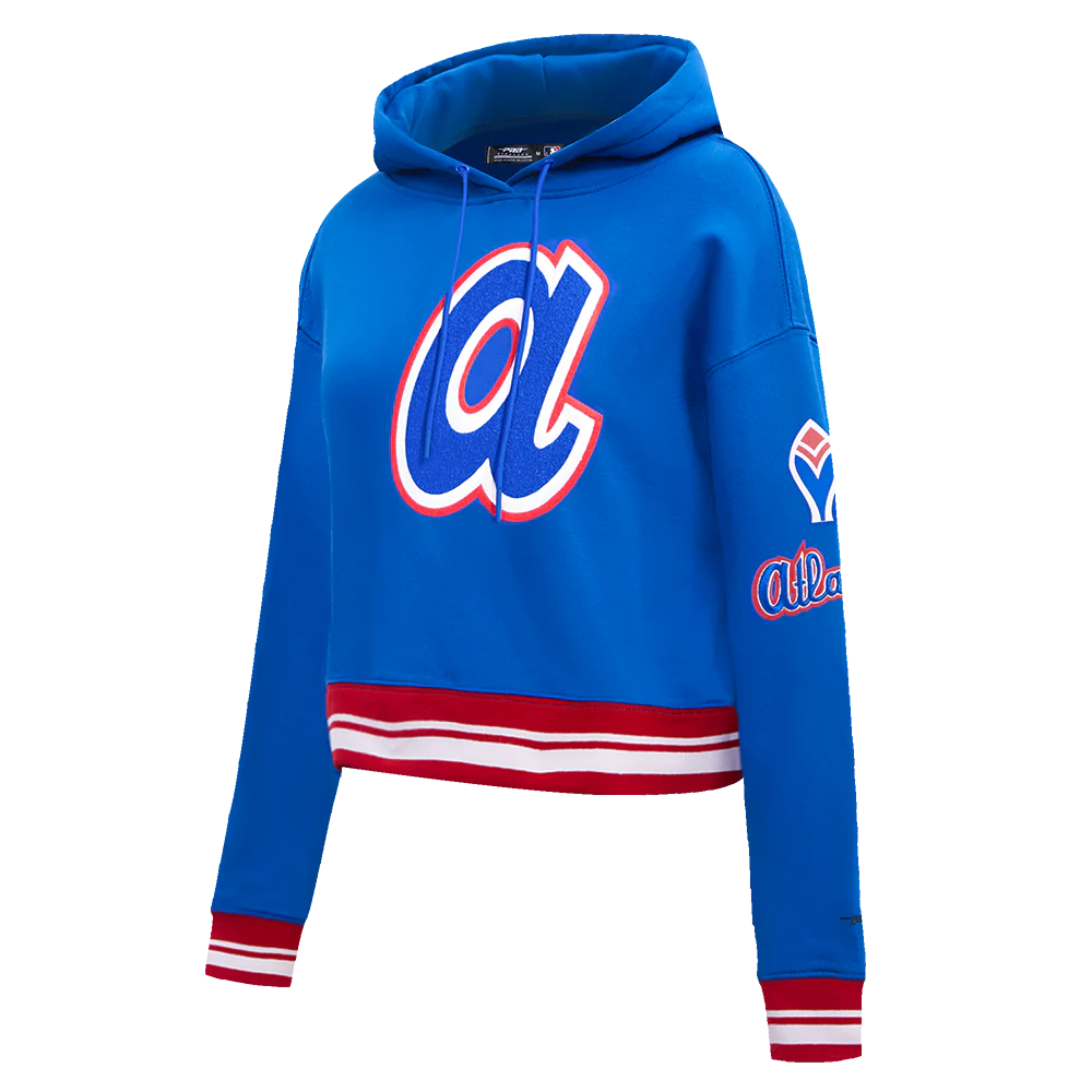 MLB ATLANTA BRAVES RETRO CLASSIC WOMEN'S RIB CROPPED PULLOVER HOODIE (ROYAL BLUE/RED) - Image 2
