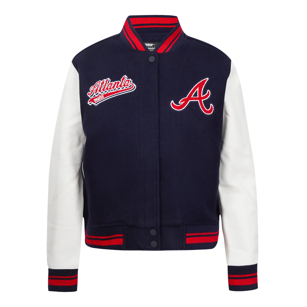 MLB ATLANTA BRAVES SCRIPT TAIL WOMEN'S WOOL VARSITY JACKET (MIDNIGHT NAVY/RED/MIDNIGHT NAVY)