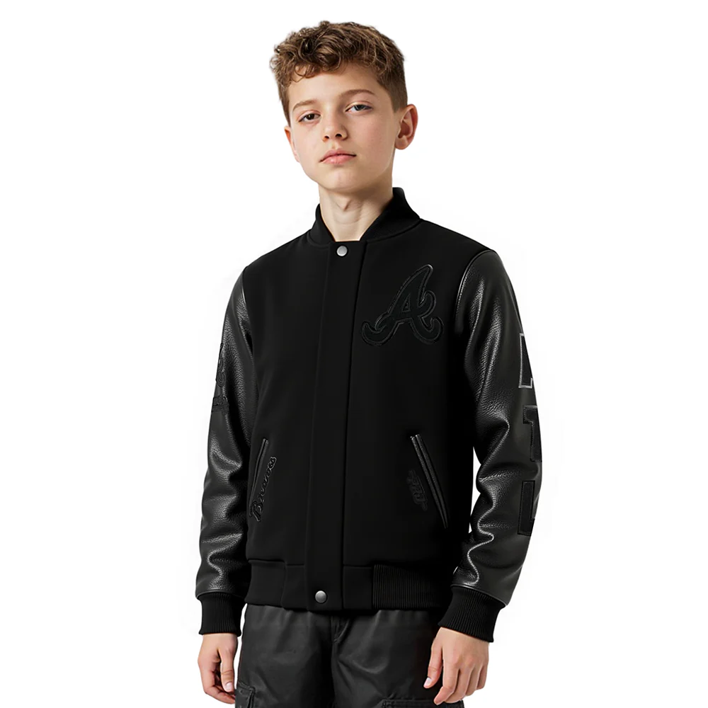 MLB ATLANTA BRAVES TRIPLE BLACK LITTLE BOYS WOOL VARSITY JACKET (JET BLACK)