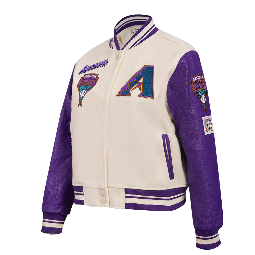 MLB ARIZONA DIAMONDBACKS RETRO CLASSIC WOMEN'S RIB WOOL VARSITY JACKET (EGGSHELL/ PURPLE) - Image 2