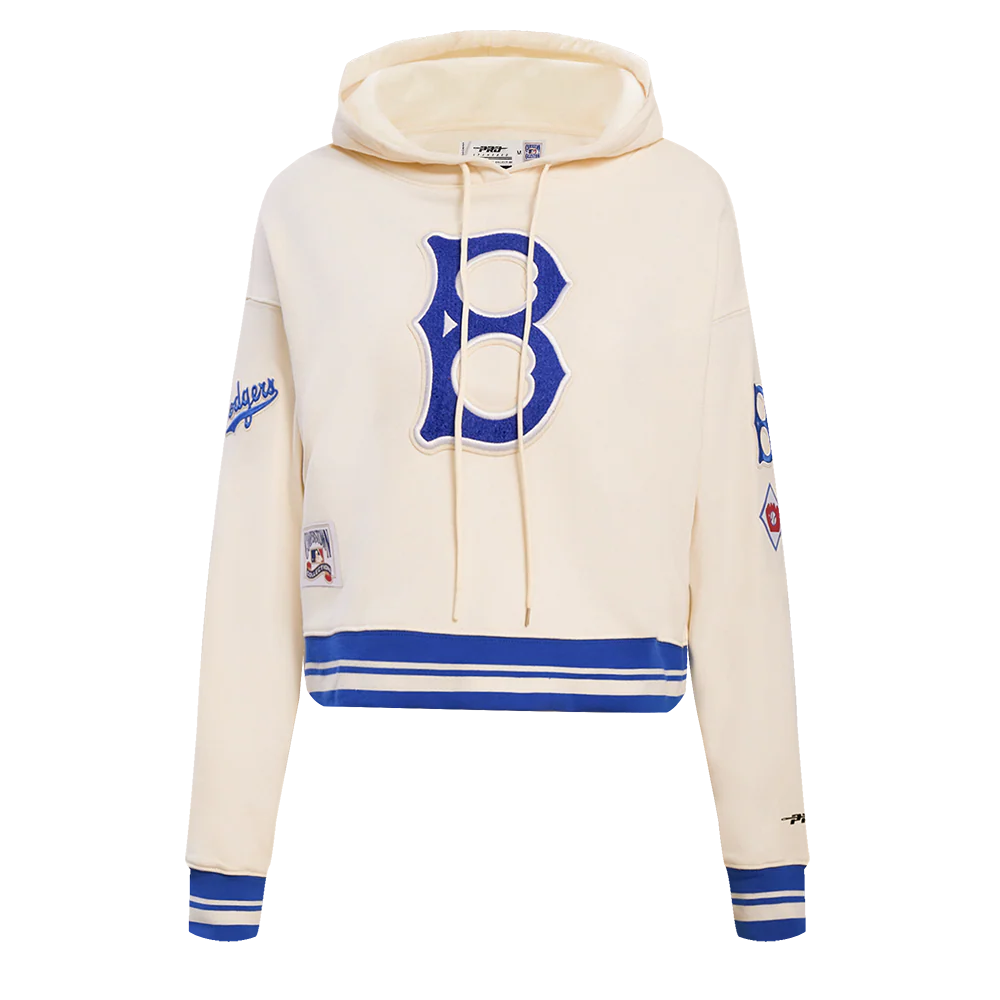 MLB BROOKLYN DODGERS RETRO CLASSIC WOMEN'S CROPPED PULLOVER HOODIE (EGGSHELL/ROYAL BLUE)
