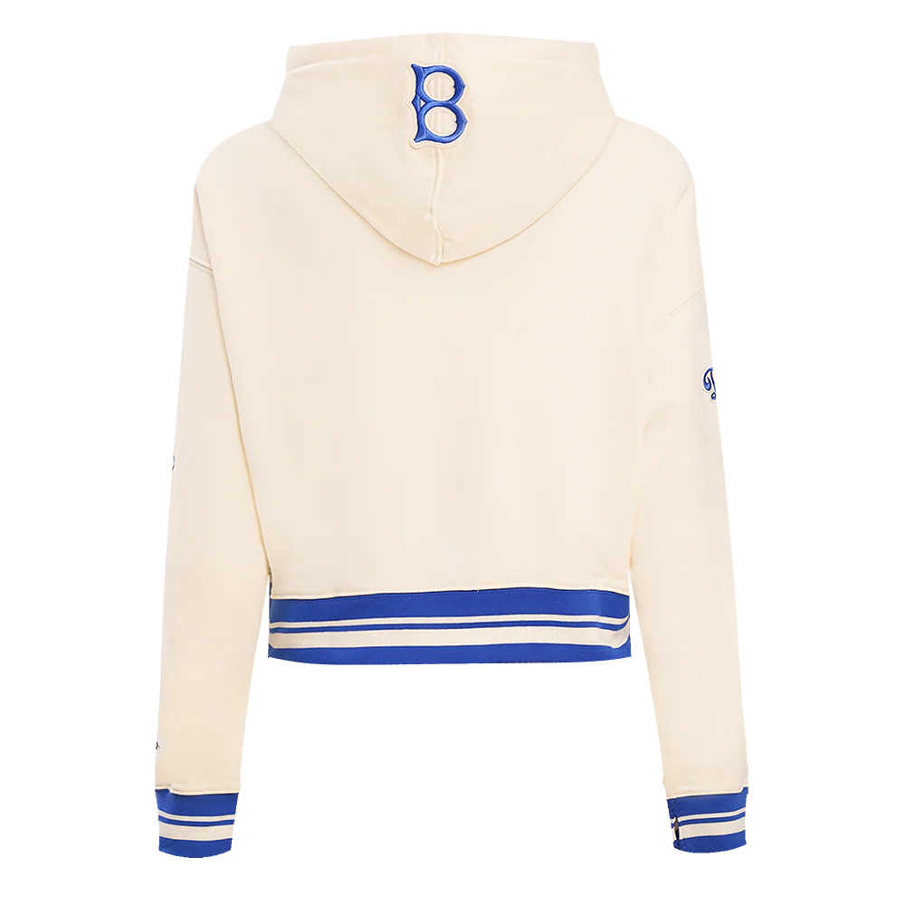 MLB BROOKLYN DODGERS RETRO CLASSIC WOMEN'S CROPPED PULLOVER HOODIE (EGGSHELL/ROYAL BLUE) - Image 3