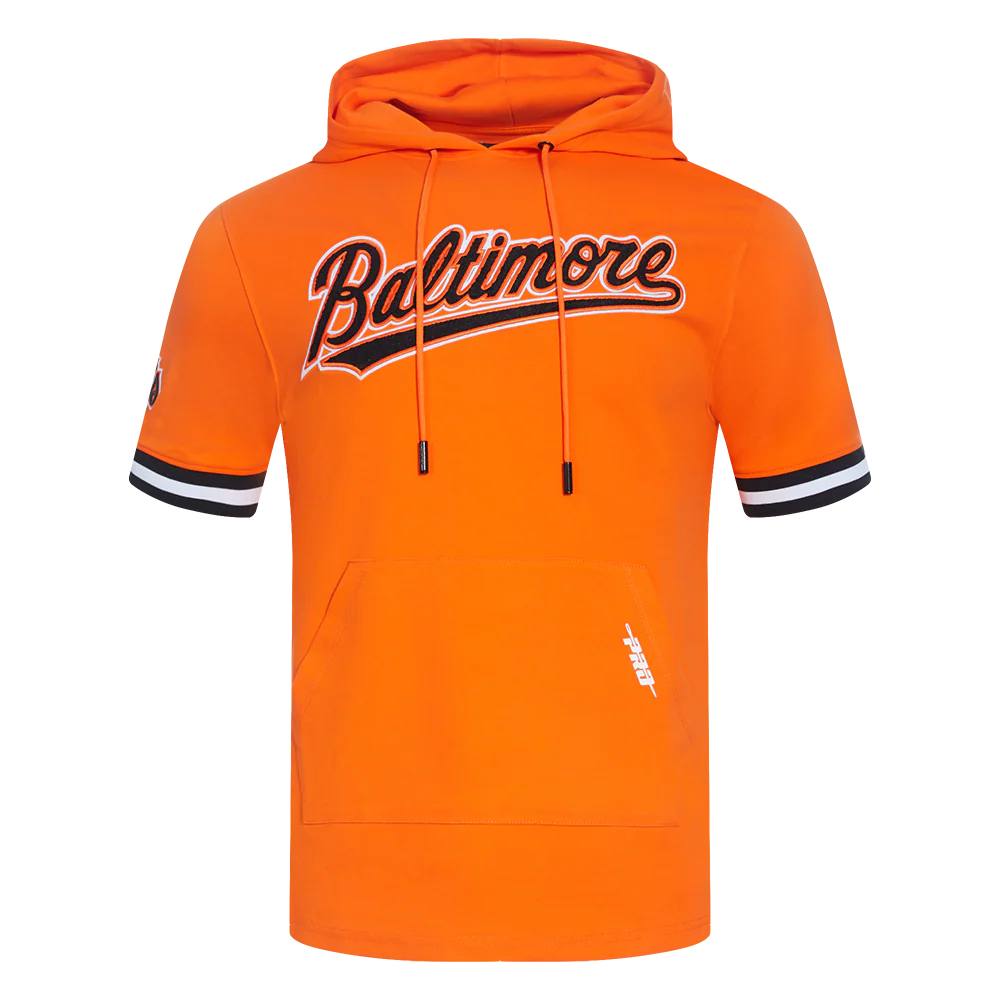 MLB BALTIMORE ORIOLES CLASSIC CHENILLE MEN'S DOUBLE KNIT SHORT SLEEVE PULLOVER HOODIE (ORANGE/BLACK)