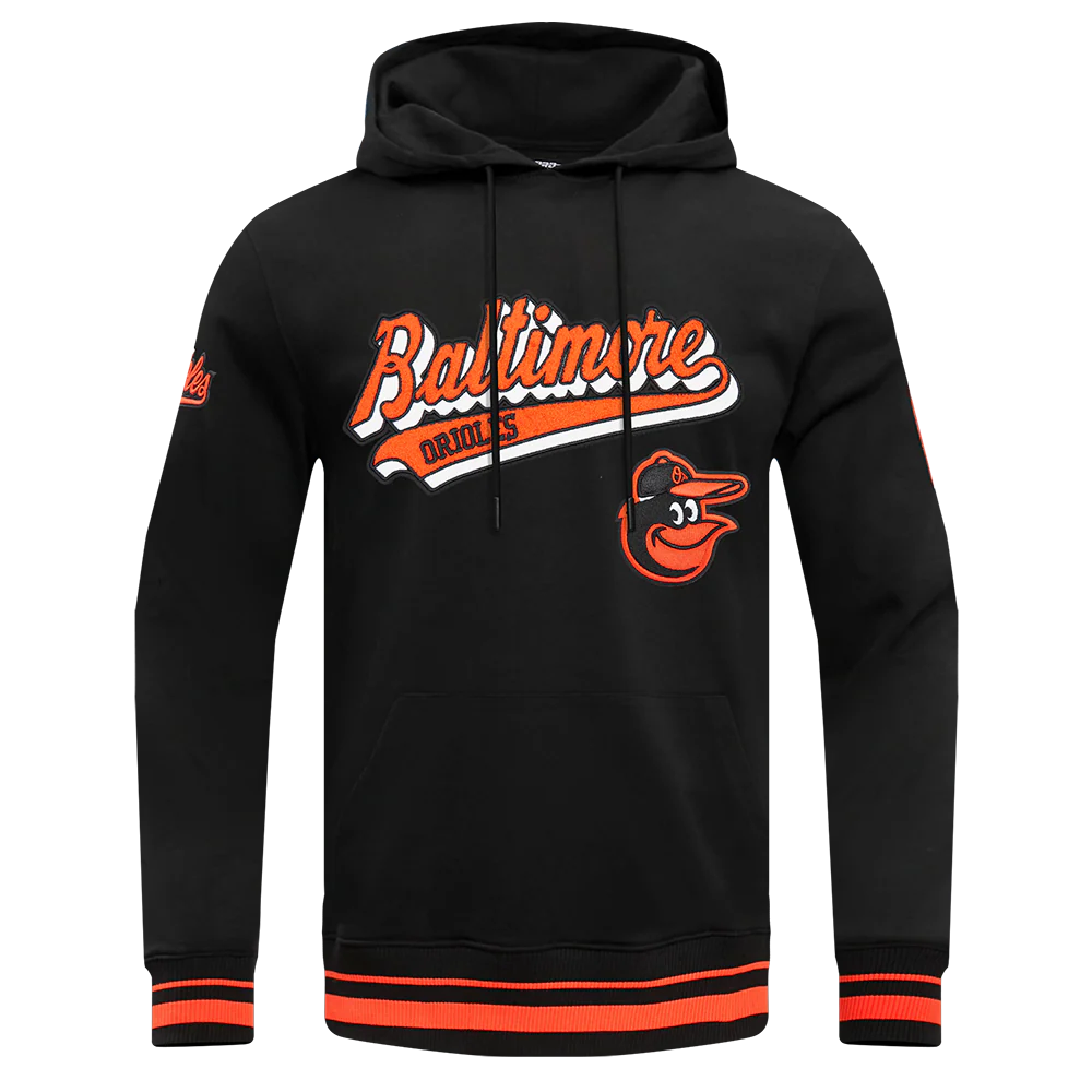 MLB BALTIMORE ORIOLES SCRIPT TAIL MEN'S RIB FLEECE PULLOVER HOODIE (BLACK/ORANGE)
