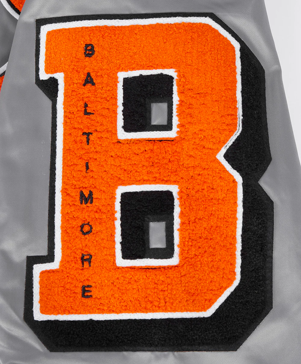 MLB BALTIMORE ORIOLES OLD ENGLISH MEN'S RIB SATIN JACKET (GRAY) - Image 5