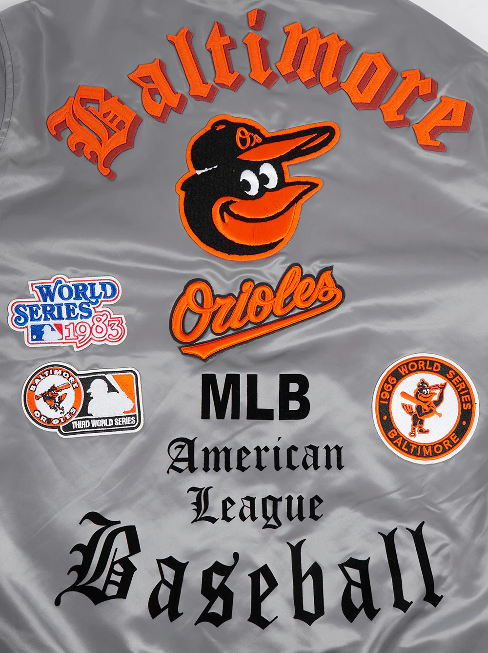 MLB BALTIMORE ORIOLES OLD ENGLISH MEN'S RIB SATIN JACKET (GRAY) - Image 9