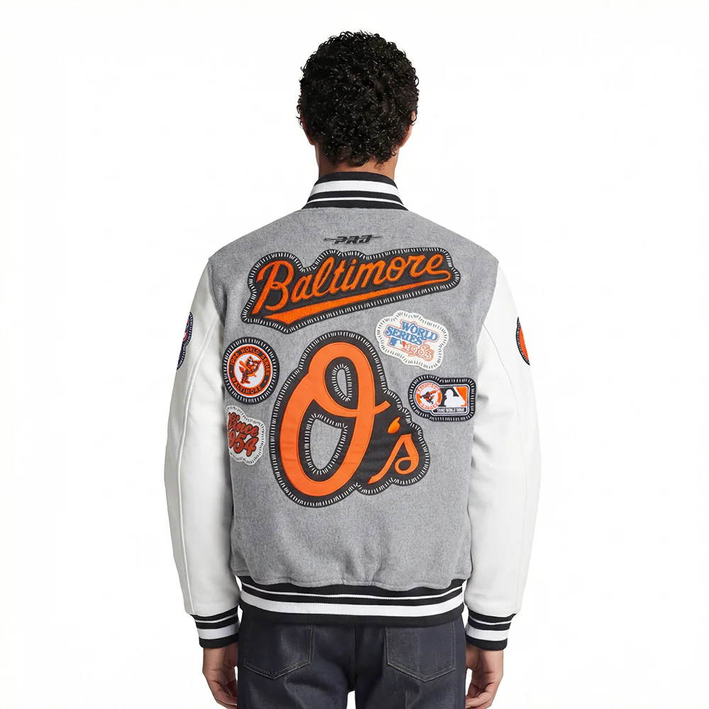 MLB BALTIMORE ORIOLES DIY PICK STITCH MEN'S RIB WOOL VARSITY JACKET (HEATHER GREY/WHITE/BLACK) - Image 2