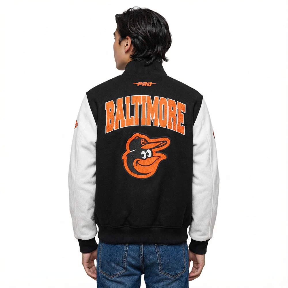 MLB BALTIMORE ORIOLES CITY ARCH MEN'S WOOL VARSITY JACKET (BLACK/WHITE) - Image 2