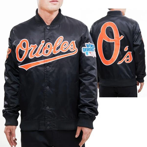 MLB BALTIMORE ORIOLES BIG LOGO WORLD SERIES MEN'S SATIN JACKET (BLACK) - Image 10