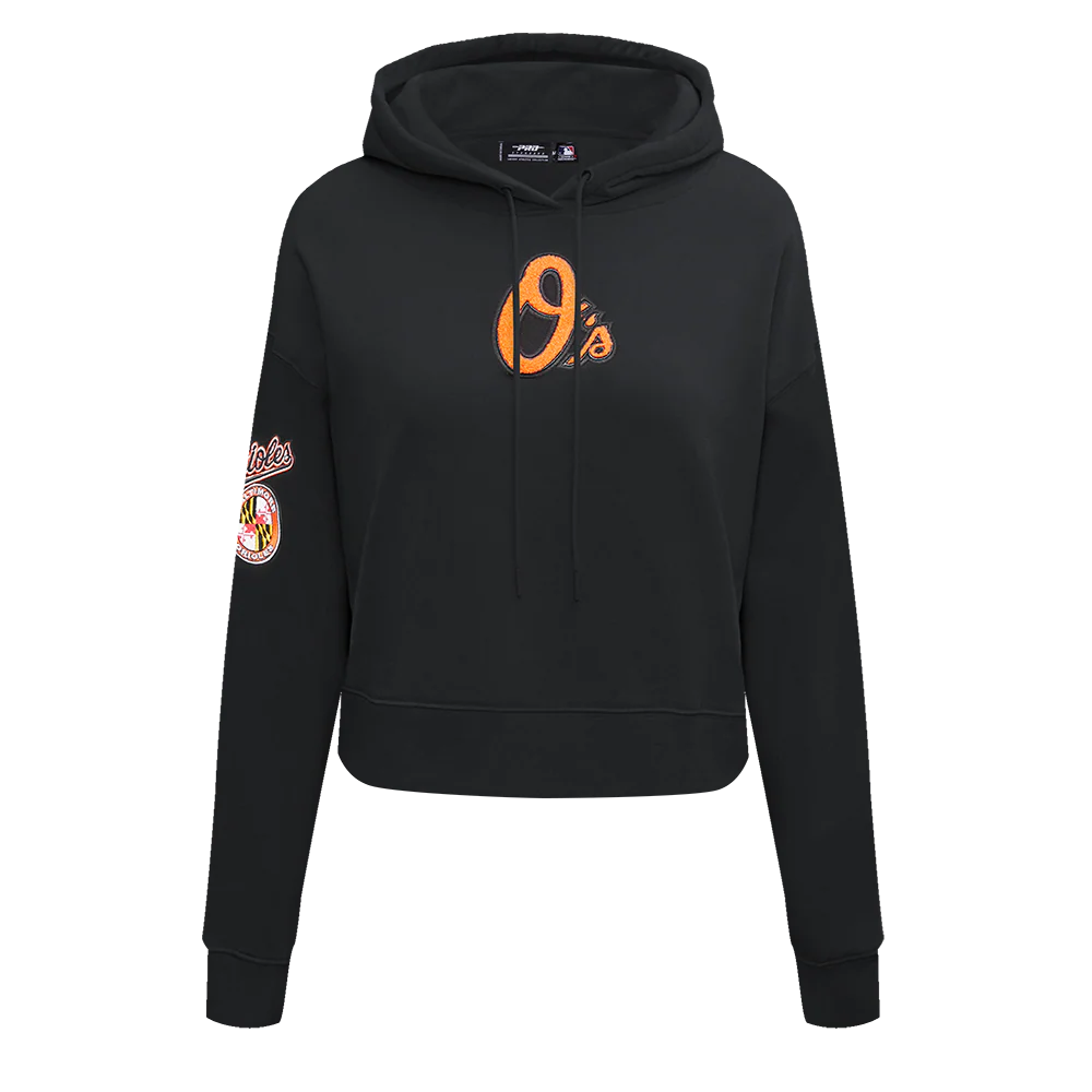 MLB BALTIMORE ORIOLES CLASSIC WOMEN'S FLEECE CROPPED PULLOVER HOODIE (BLACK)