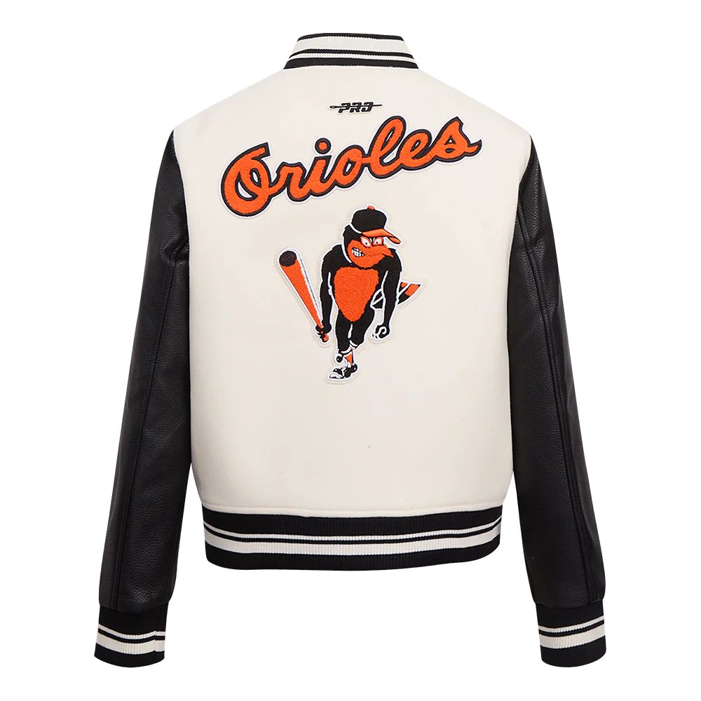 MLB BALTIMORE ORIOLES RETRO CLASSIC WOMEN'S RIB WOOL VARSITY JACKET (EGGSHELL/ BLACK) - Image 4