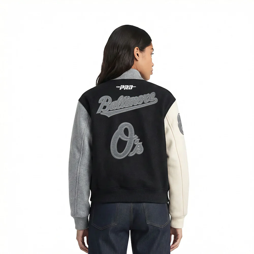 MLB BALTIMORE ORIOLES REVERSE FRENCH TERRY WOMEN'S WOOL VARSITY JACKET (BLACK/GRAY/EGGSHELL) - Image 2