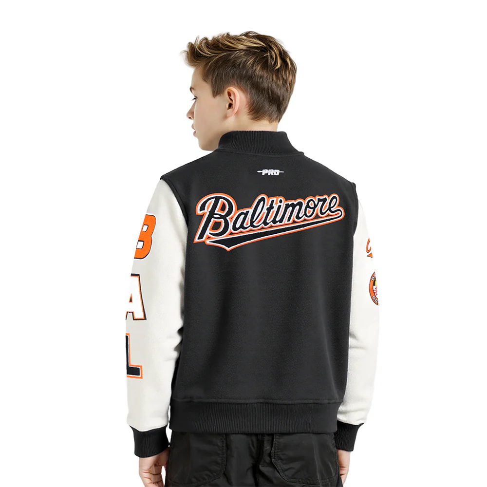 MLB BALTIMORE ORIOLES CLASSIC CHENILLE LITTLE BOY'S WOOL VARSITY JACKET (BLACK/WHITE) - Image 2