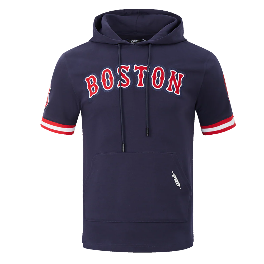 MLB BOSTON RED SOX CLASSIC CHENILLE MEN'S DOUBLE KNIT SHORT SLEEVE PULLOVER HOODIE (MIDNIGHT NAVY/RED)