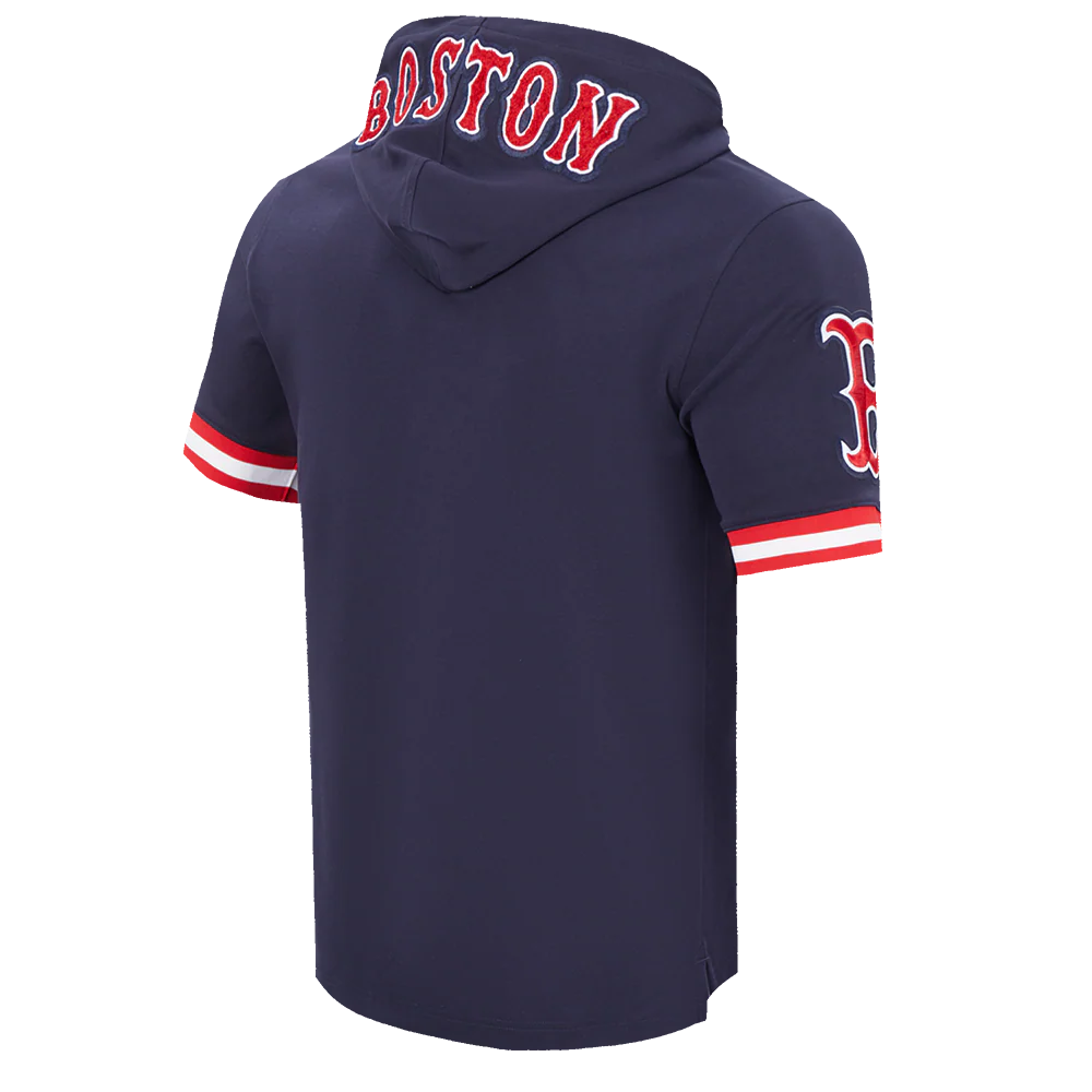 MLB BOSTON RED SOX CLASSIC CHENILLE MEN'S DOUBLE KNIT SHORT SLEEVE PULLOVER HOODIE (MIDNIGHT NAVY/RED) - Image 4