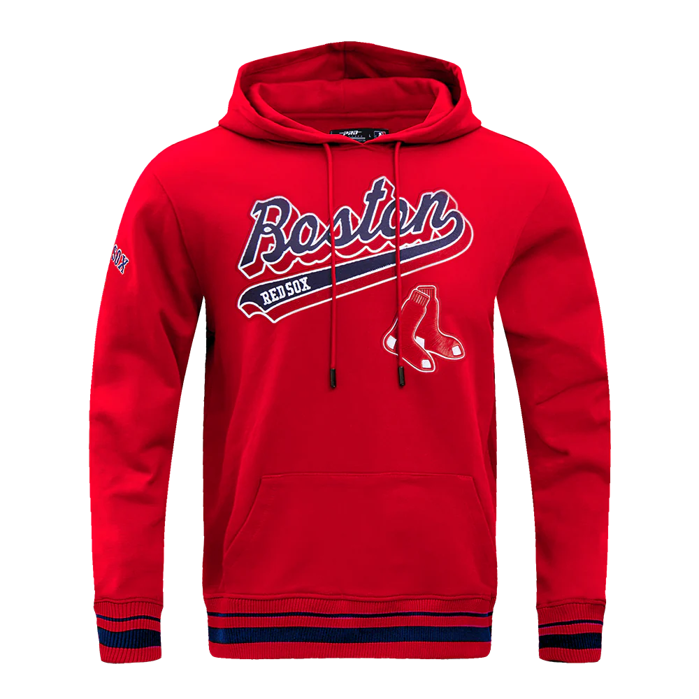 MLB BOSTON RED SOX SCRIPT TAIL MEN'S RIB FLEECE PULLOVER HOODIE (RED/MIDNIGHT NAVY/RED)
