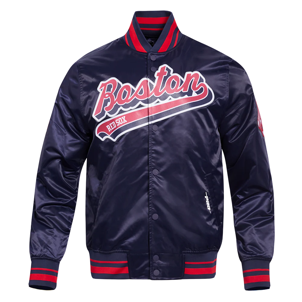 MLB BOSTON RED SOX SCRIPT TAIL MEN'S SATIN JACKET (MIDNIGHT NAVY/RED/MIDNIGHT NAVY)
