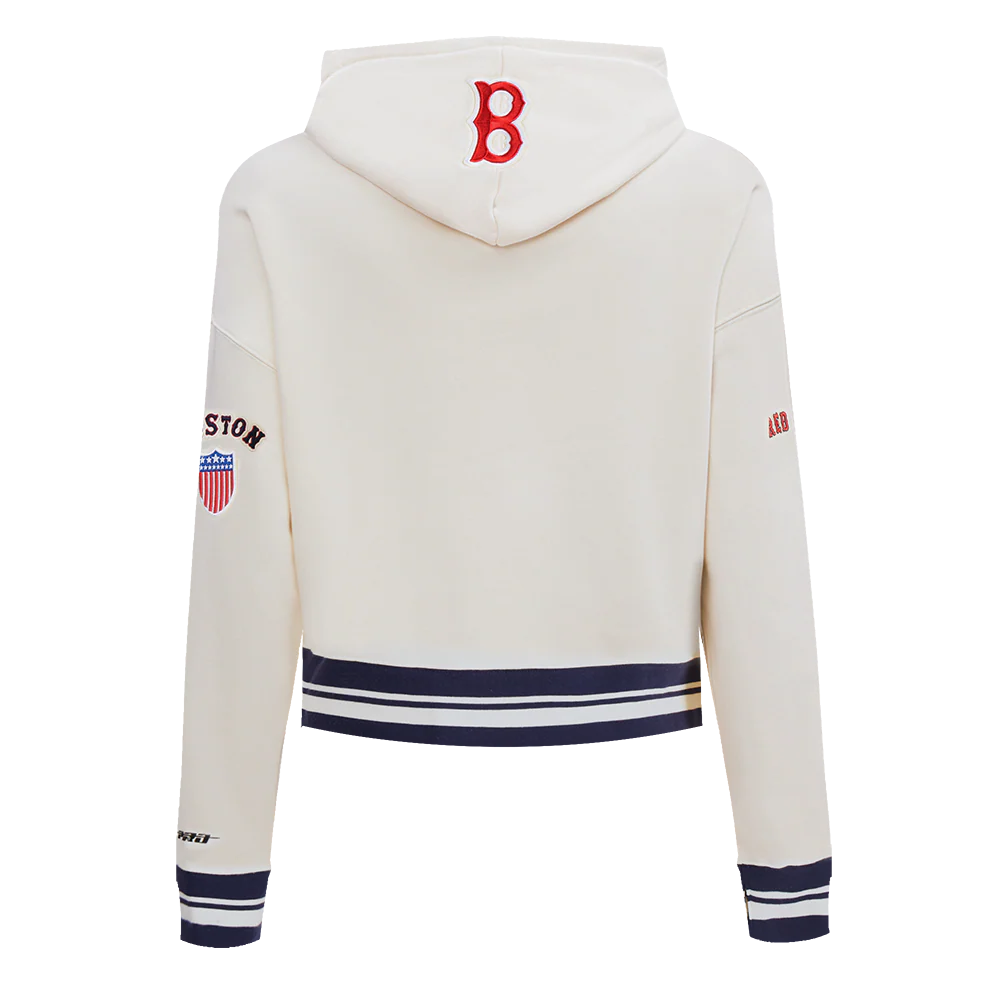 MLB BOSTON RED SOX RETRO CLASSIC WOMEN'S RIB CROPPED PULLOVER HOODIE (EGGSHELL/ MIDNIGHT NAVY) - Image 3