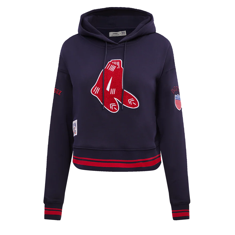 MLB BOSTON RED SOX RETRO CLASSIC WOMEN'S RIB CROPPED PULLOVER HOODIE (MIDNIGHT NAVY/RED/MIDNIGHT NAVY)
