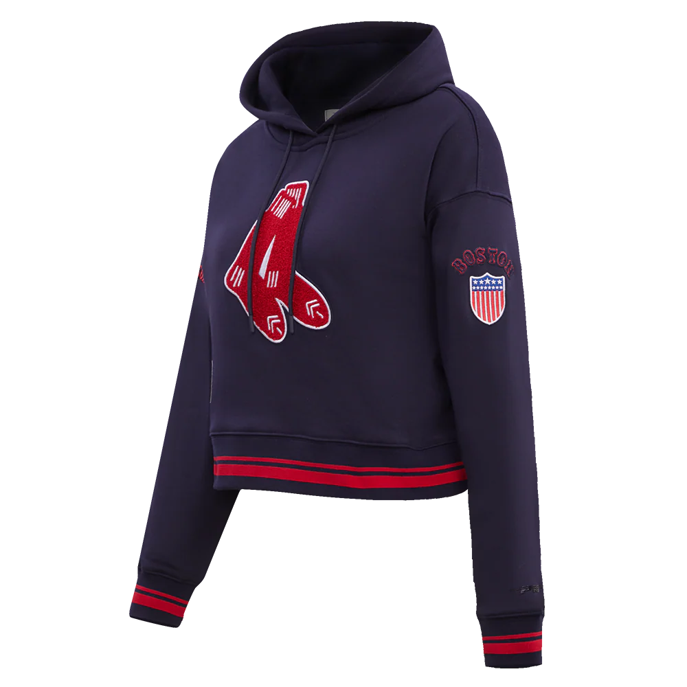 MLB BOSTON RED SOX RETRO CLASSIC WOMEN'S RIB CROPPED PULLOVER HOODIE (MIDNIGHT NAVY/RED/MIDNIGHT NAVY) - Image 2