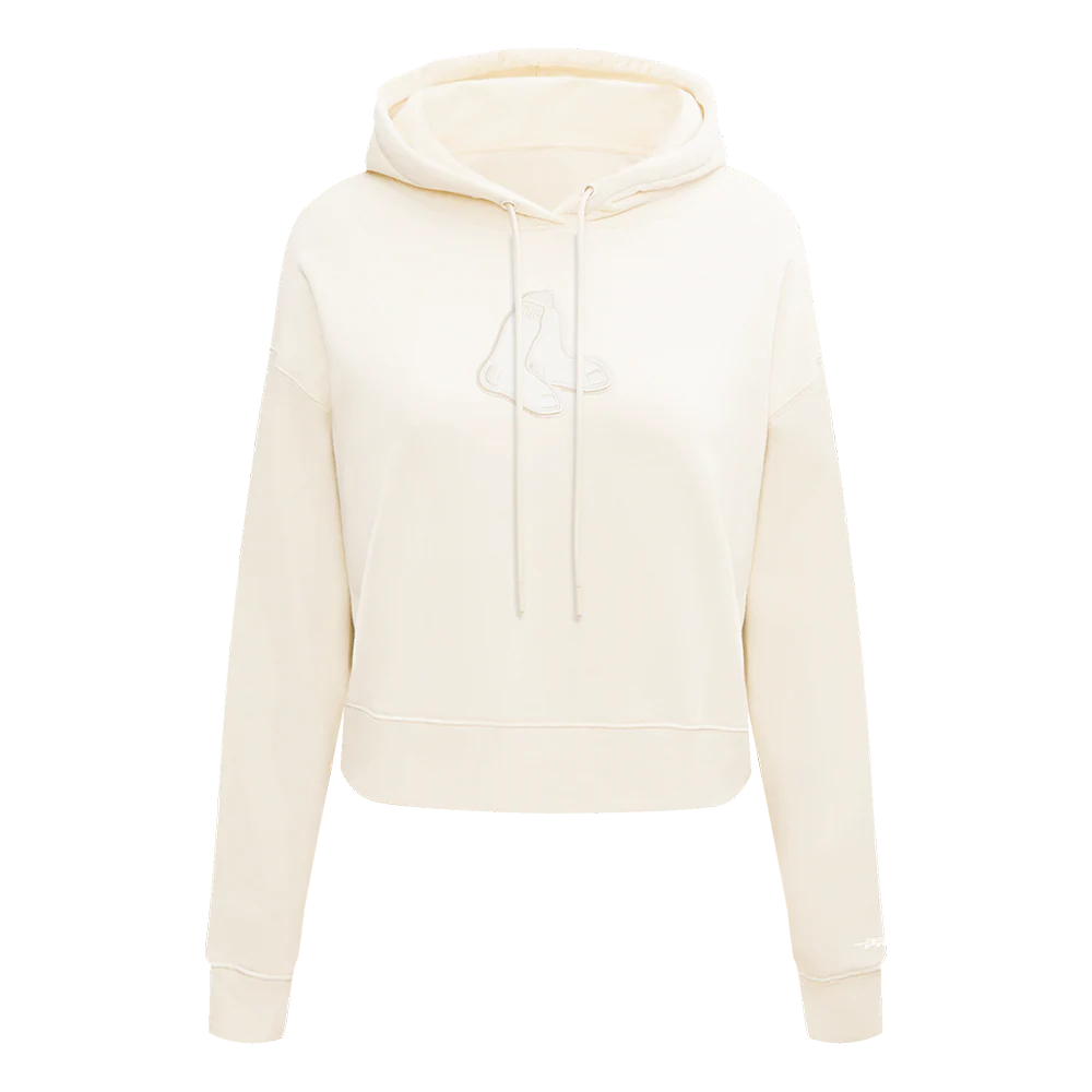 MLB BOSTON RED SOX NEUTRAL WOMEN'S CROPPED PULLOVER HOODIE (EGGSHELL)
